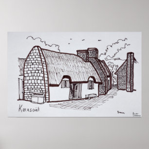 Strohhäuser, Kerascoet Bretagne, Frankreich Poster