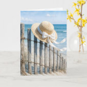 Strohhut an einem Strandzaun Karte (Gelbe Blume)