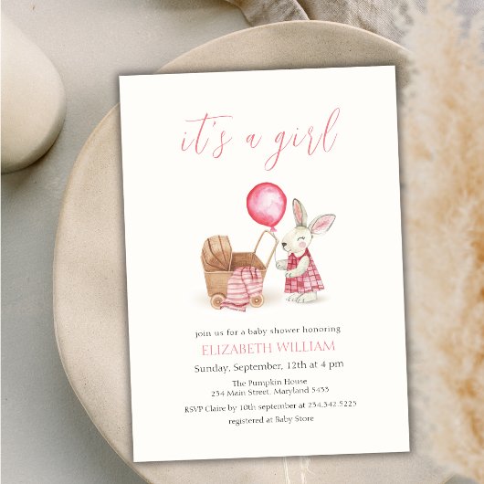 Stroller Bunny Balloon Girl Baby Shower Einladung