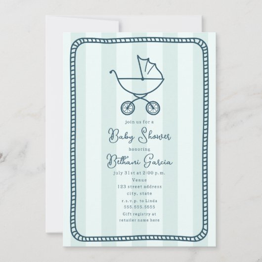 Stroller Sketch Blue Boy Baby Dusche Einladung (Vorderseite)