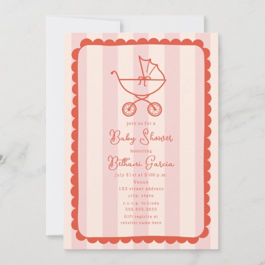 Stroller Sketch Scalloped Pink Girl Babydusche Einladung (Vorderseite)