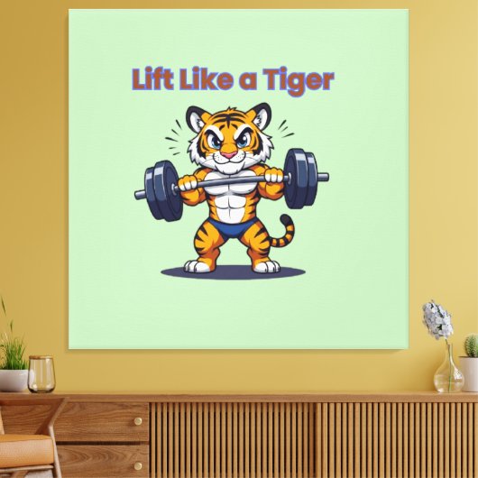 **Strong Tiger – Cute Tiger Lifting Weights Illust Leinwanddruck (Insitu (Wohnzimmer))
