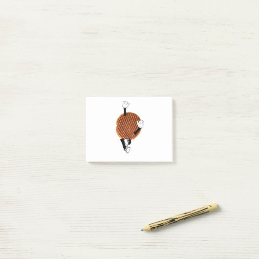 Stroopwafel springt vor Freude. Post-it Klebezettel (Auf Schreibtisch)