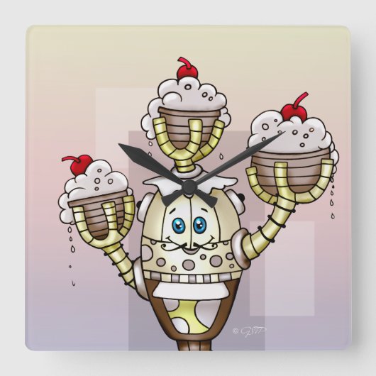 STRUCTUBE ROBOTER-CARTOON-UHR-QUADRAT QUADRATISCHE WANDUHR (Vorderseite)