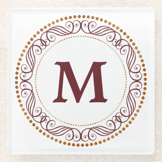 Strudel-Rahmen-Rot-Monogramm Glasuntersetzer (Vorderseite)