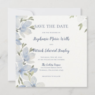Strukturierte Aquarell-Blumen in Blau und Grün Save The Date
