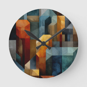 Strukturierte Geometrische Abstrakte Blaue Orange  Runde Wanduhr