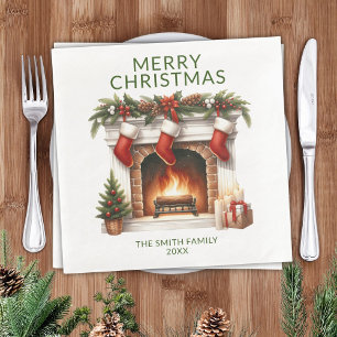 Strumpf Fireplace Green Weihnachts-Party Serviette