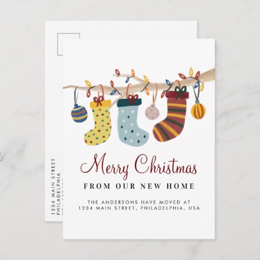 Strumpf frohe Weihnachten New Zuhause Holiday Movi Ankündigungspostkarte (Vorne/Hinten)