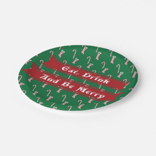 Strumpf und Candy Cane Muster Pappteller (Schrägansicht)