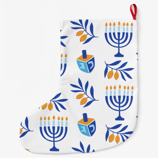Strumpf White and Blue Menorah & Dreidel Hanukkah Großer Weihnachtsstrumpf (Rückseite)