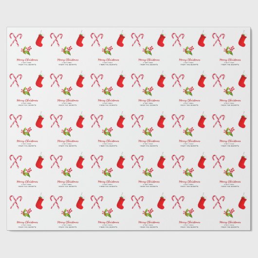 Strumpf, Zuckerrohr und Holly-Beeren Weihnachten Geschenkpapier (Flach)