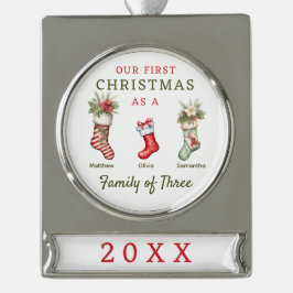 Strümpfe Familie der drei ersten Weihnachten Banner-Ornament Silber