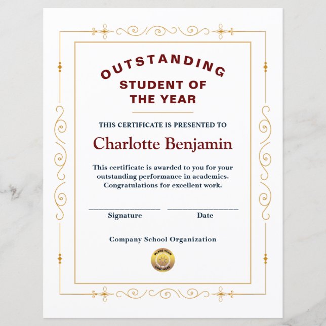 Student des Jahres Erfolgszeugnis (Vorderseite)