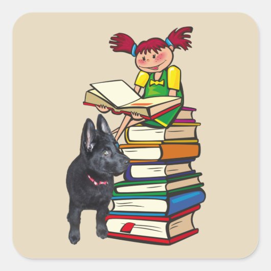 Studie Buddy GSD Puppy & School Girl on Books Quadratischer Aufkleber (Vorderseite)