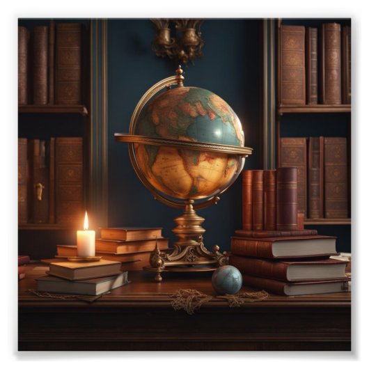 Studie mit Globe, Books und Candle Fotodruck (Vorne)