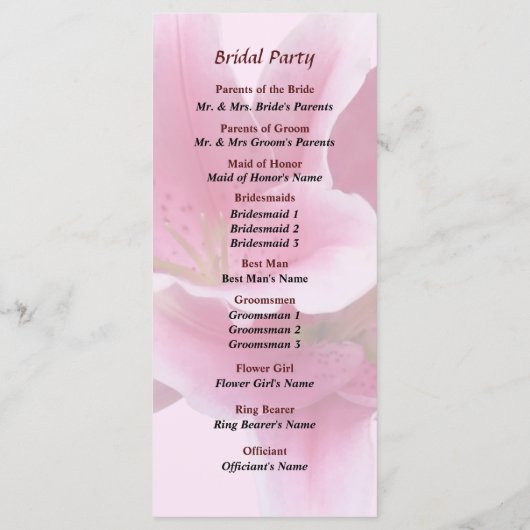Studienarm in Arm-Hochzeitsprogramm Programm (Rückseite)
