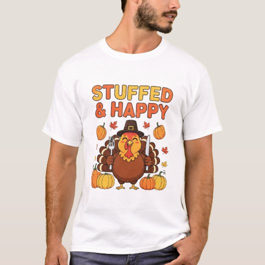 Stuffed & Happy Turkey – Funny Thanksgiving Design T-Shirt (Vorderseite)