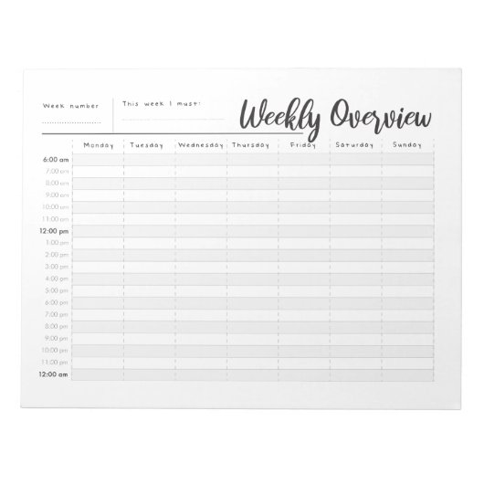 Stundenweise wöchentlicher Überblick Notizblock (Vorderseite)
