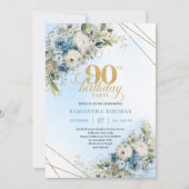 Stunning Boho Dusty Blue Floral Gold 90th Birthday Einladung (Vorderseite)