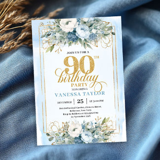 Stunning pastel blue gold frame 90th birthday einladung