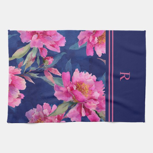 Stunning Pink Floral Bloom Monogrammed Geschirrtuch (Horizontal)