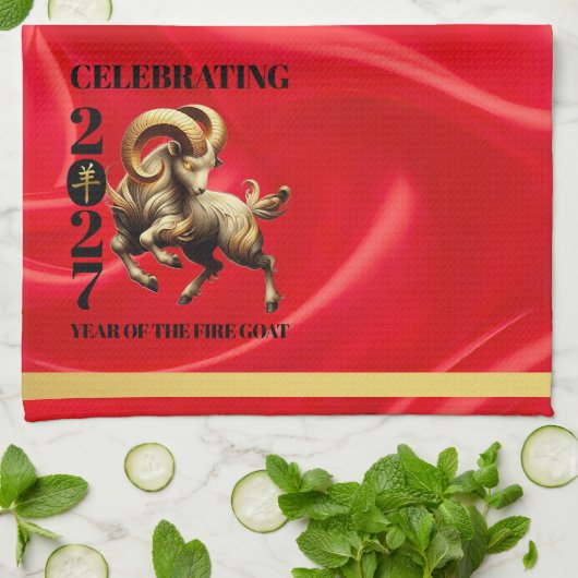 Stunning Red Gold Chinese Year of Fire Goat 2027 Geschirrtuch (Gefaltet)
