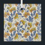 Stunning Seamless Pattern of Flowers and Leaves Ornament Aus Glas<br><div class="desc">Seamless pattern of orange and yellow flowers with blue leaves on a beige background. The floral motif creates a lively,  cheerful tone.</div>
