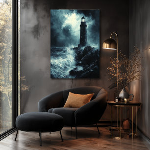Stürmischer Leuchtturm bei Nacht - Kohlekunst Poster