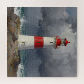 Stürmischer roter Leuchtturm an der Küste Puzzle (Horizontal)