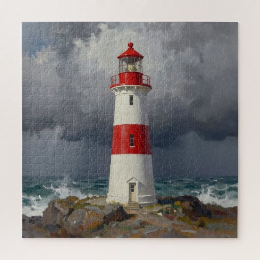 Stürmischer roter Leuchtturm an der Küste Puzzle (Vertikal)