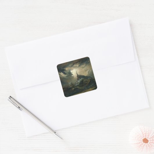 Sturmmeer mit Leuchtturm Quadratischer Aufkleber (Umschlag)