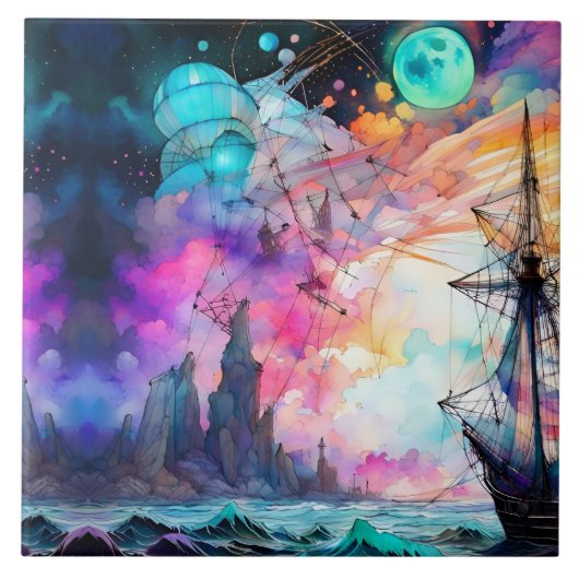 Sturmsee, futuristisches Schiff Abstrakt Mond Fliese (Vorderseite)