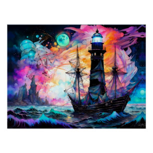 Sturmsee, Schiffslehre Leuchtturm Mond Abstrakt Poster