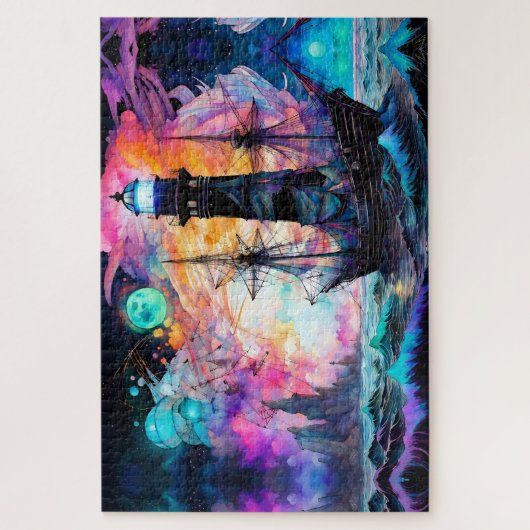 Sturmsee, Schiffslehre Leuchtturm Mond Abstrakt Puzzle (Vertikal)