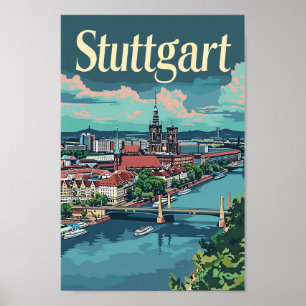 Stuttgart Deutschland Vintage Travel Illustration Poster