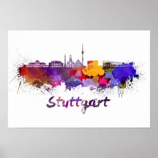 Stuttgarter Skyline in Aquarellfarbe Poster (Vorne)