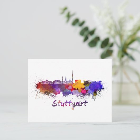 Stuttgarter Skyline in Aquarellfarbe Postkarte (Stehend Vorderseite)