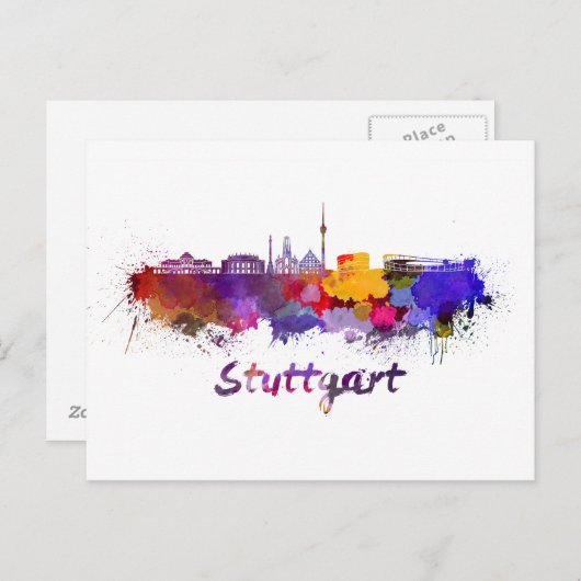 Stuttgarter Skyline in Aquarellfarbe Postkarte (Vorne/Hinten)