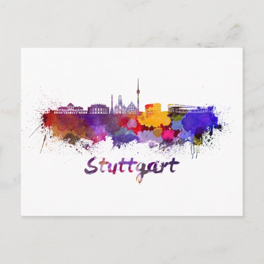 Stuttgarter Skyline in Aquarellfarbe Postkarte (Vorderseite)