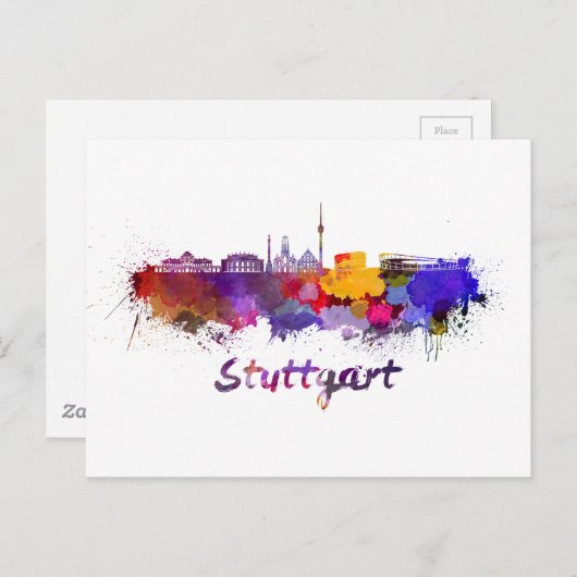 Stuttgarter Skyline in Aquarellfarbe Postkarte (Vorne/Hinten)