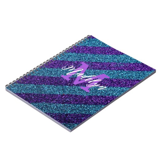 Styilsh Blau & Violett Glitter Monogramm Name Notizblock (Linke Seite)