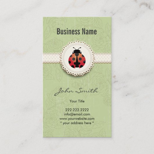 Style Ladybug & Lace Green Floral Business Card Visitenkarte (Vorderseite)