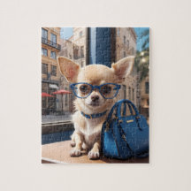 Style Puzzle: Chihuahua trägt blaue Brillen in Lux