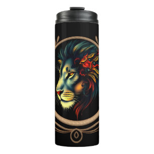 Styliertes Lion Head Portrait in Mandala Frame Thermosbecher