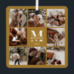 Stylis Simple Couple Foto Collage | Monogramm-Gesc Ornament Aus Metall<br><div class="desc">Dieses Mustard Golden Brown 8 Foto Collage Modern Family Personalisierte Ornament ist der perfekte Weg, um Ihre Lieblings-Fotos in einen niedlichen und trendigen Sake zu verwandeln. Mit einem einfachen, modernen Design und eleganten Monogram ist es vollständig an Ihren Stil angepasst. Ideal zum Geschenken am Muttertag, Vatertag, Geburtstag, Weihnachten, Jubiläum oder...</div>