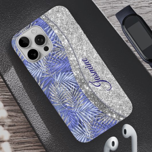 stylisch blaue lila silberne Glitzer Blätter monog Case-Mate iPhone Hülle