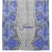 stylisch blaue lila silberne Glitzer Blätter monog Duschvorhang (Vorderseite)