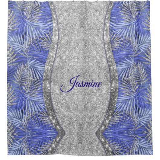 stylisch blaue lila silberne Glitzer Blätter monog Duschvorhang (Vorderseite)