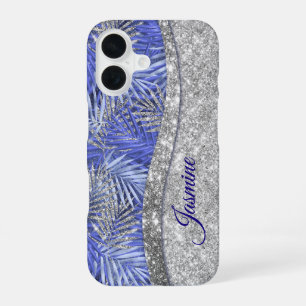 stylisch blaue lila silberne Glitzer Blätter monog iPhone 16 Hülle
